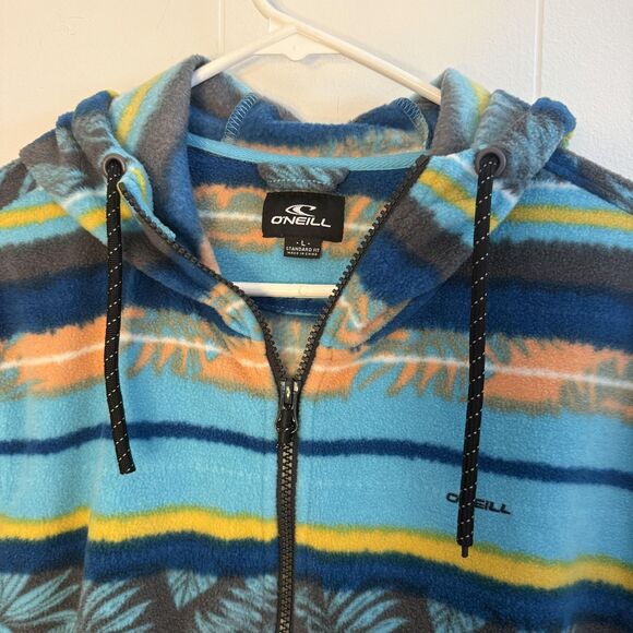 O'Neill Hoodie Mens Large Blue Fleece Quarter Zip Striped Tropical Surf Pullover - Picture 2 of 9